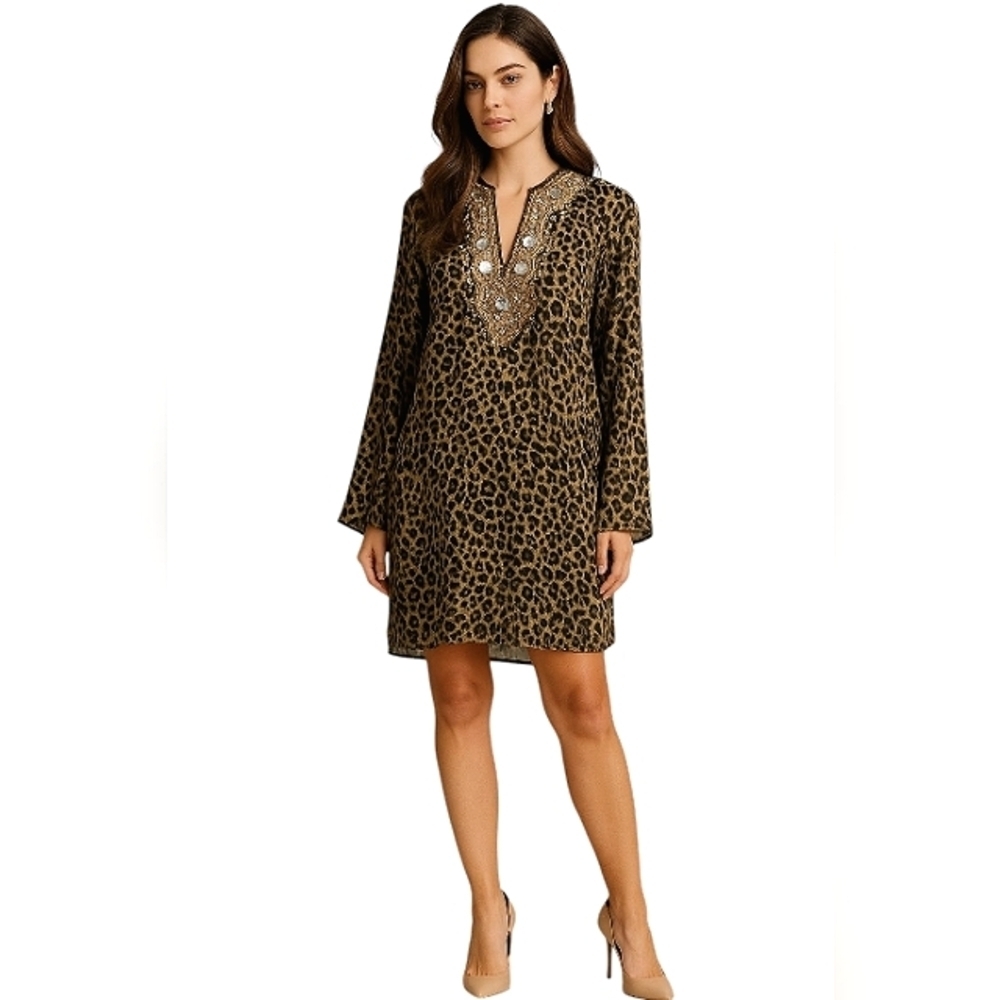 Boston Proper Leopard Print Embellished Neckline Dress Size Small NWT